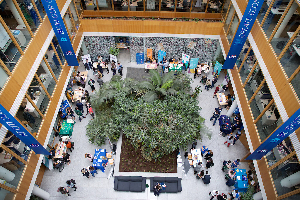 An overhead photograph of the Building the Future employers exhibition
