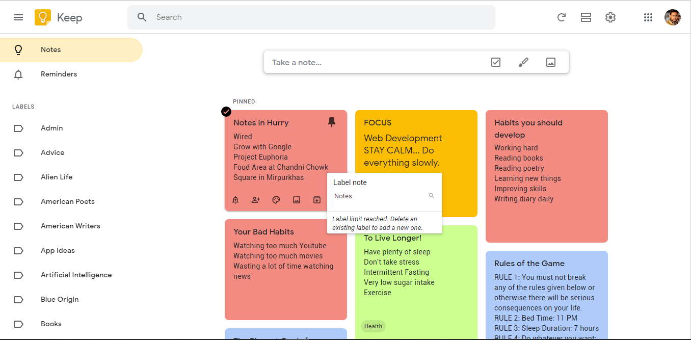 The Google Keep interface - easy to use and effective.