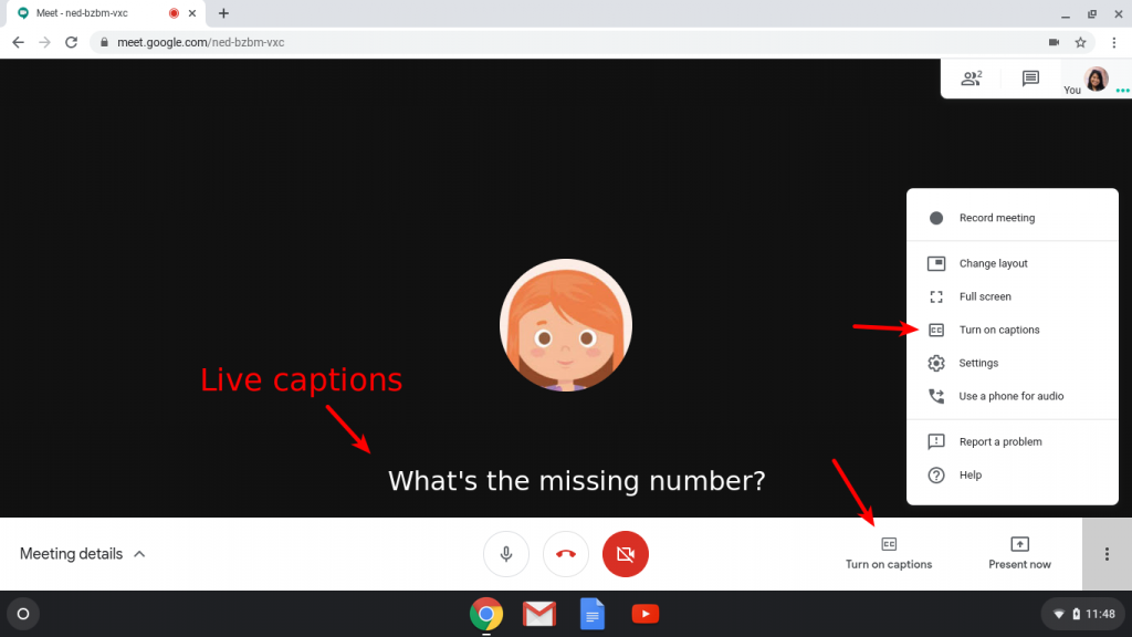 switching on the closed captions feature in Google Meet