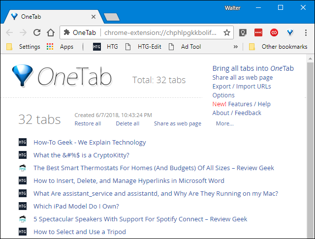 onetab from the chrome webstore. Saving your browser tabs quickly