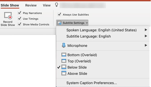 closed captions options in powerpoint - found in the slideshow tab.