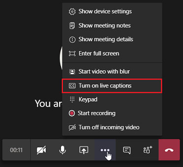 turning on the closed captions tool in Teams