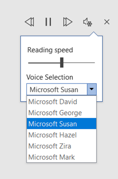 Options in the read aloud tool -reading speed and voice type.