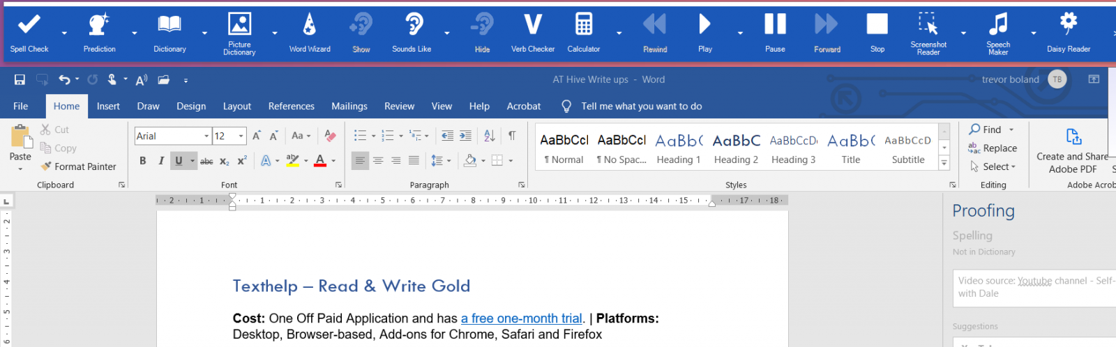 The Texthelp Navigation bar with all the tools from read aloud, spelling and grammar supports and more.