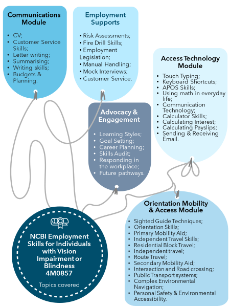 A course descriptor of the modules - Communications, Orientation Mobility and Access, Access Technology, Advocacy and Engagement and Employment Skills