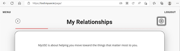 Graphical user interface, application showing progression bar and Left/ right navigation arrows.