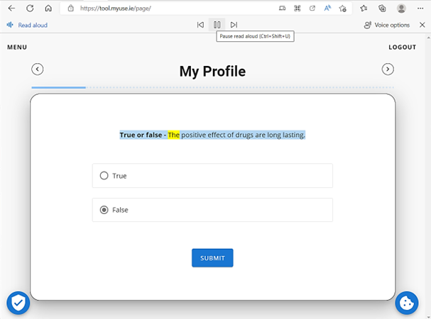 Graphical user interface, application showing Microsoft read aloud functionality parsing content.