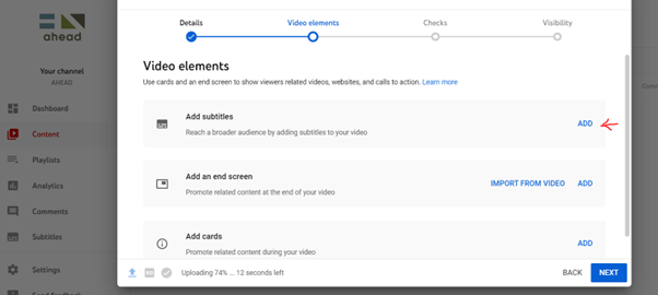 Screenshot of YouTube's interface with the area for adding subtitles highlighted.