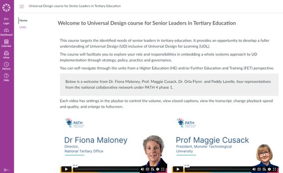 Screenshot of landing web page for course Universal Design for Senior Leaders in Tertiary Education 