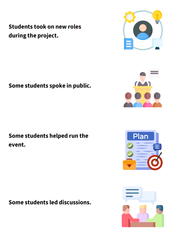 During the project, students took on new roles; some helped run the event; others led discussions and some spoke in public.