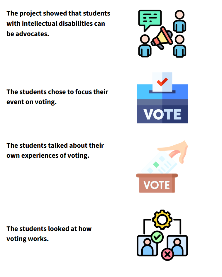 The project showed that students with intellectual disabilities can be advocates. The students chose to focus their event on voting. They spoke about their own experience of voting and looked at how voting works.