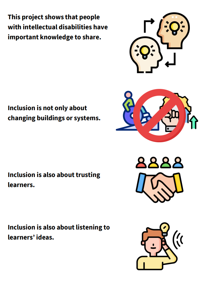 This project shows that people with intellectual disabilities have important knowledge to share and that inclusion is not just about changing buildings or systems; it's also about trusting learners and listening to learners' ideas.