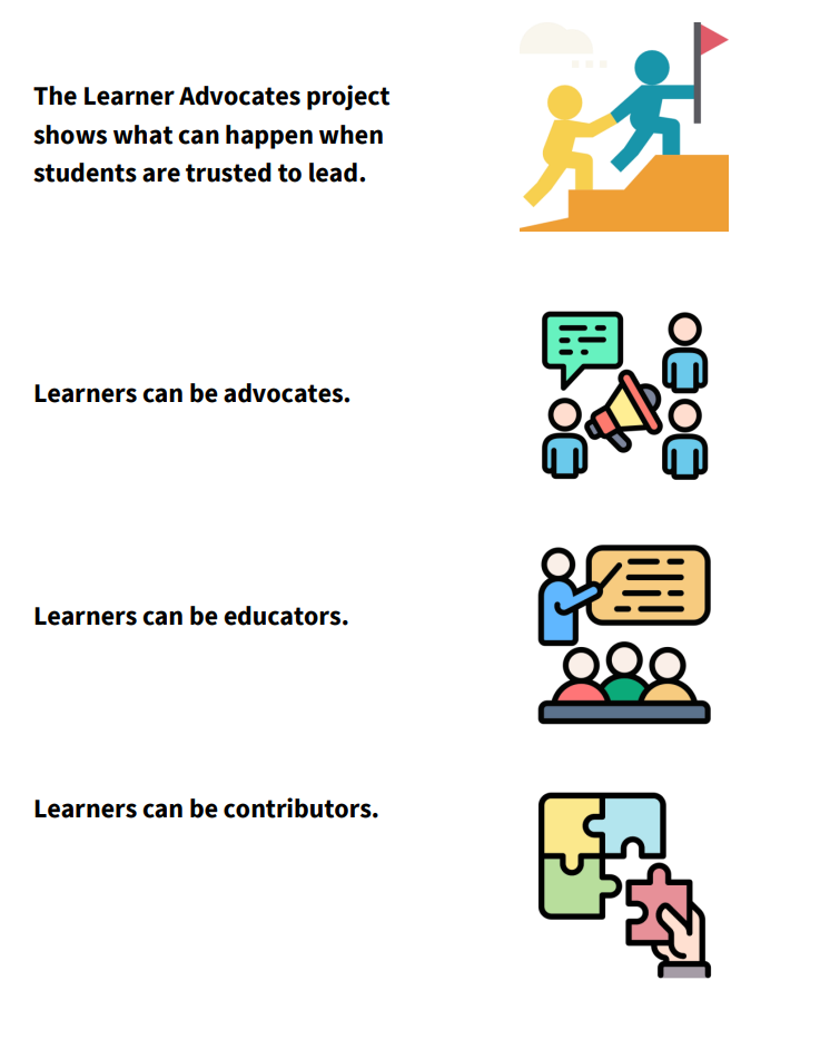The learner advocates project shows what can happen when students are trusted to lead and that learners can be advocates and educators, and contributors.