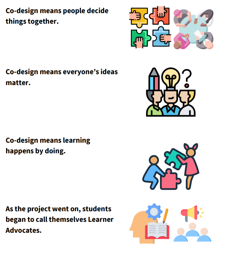 The co-design method means everyone's ideas matter and that learning happens through doing. As the project continued, students began to call themselves Learner Advocates.