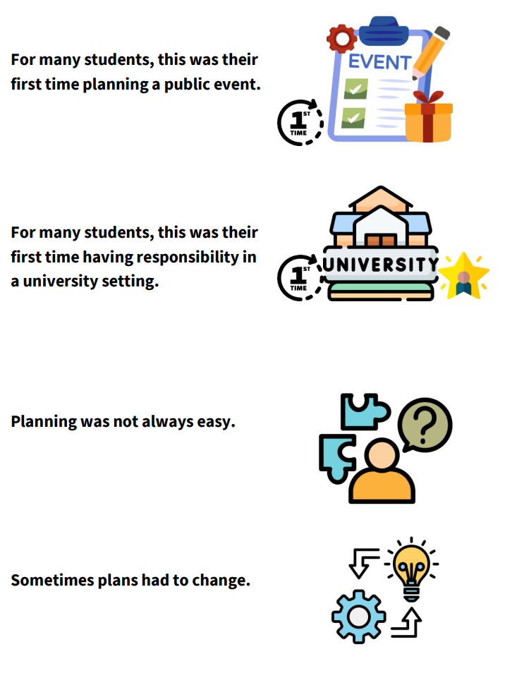 For many students it was their first planning an event and having responsibility in a university setting, which wasn't always easy. Sometimes plans had to change.