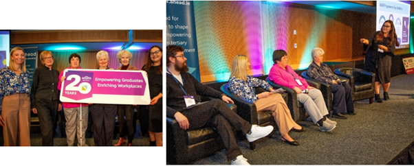 1.	Past and present AHEAD staff from left to right Deirdre Moore, Ann Heleen, Tina Lowe, Dr. Mary Quirke, Pauline Ryder and Caroline McGrotty posing for a photo with the WAM 20 Years banner. 2.	WAM through the year panel members left to right Philip Carroll, Deirdre Moore, Tina Lowe, Dr. Mary Quirke and Caroline McGrotty.