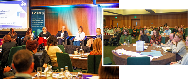 Photo montage: 1	Photo of the stage with panellists from left to right Natalie Keogh (Allianz), Ali McNabb (former WAM graduate), Aoife Lyons (publicjobs), Tom McMahon (ESB) and Christina McCarthy (former WAM graduate) and moderator Deirdre Moore (AHEAD). 2	Photo of the audience sitting at round tables watching and listening to the panel discussion. 