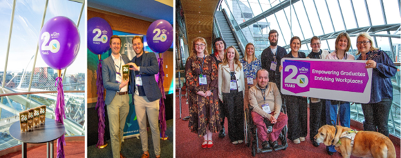 1	Photo of the WAM Leader 20 year award plaques on a table with a purple ballon and the City of Dublin seen in the background through large glass windows of the Convention Centre  2	Members of the Guidewire team posing with large smiles holding their WAM leader award in front of the AHEAD banner and WAM 20 year purple balloons. 3	Members of the WAM team and previous WAM graduate posing for a photo with the WAM year banner and a guide dog in the front of the group.