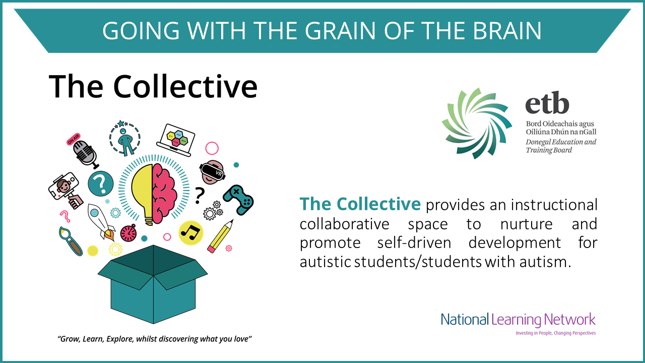 The Collective provides an instructional collaborative space to nurture and promote self-driven development for autistic students/students with autism. 'Grow, Learn, Explore, whilst discovering what you love' National Learning Network logo. Donegal ETB logo. There is an attractive collection of icons bursting out of a box, such as a podcast microphone, video selfie stick, brain and ideas.