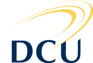 Logo of DCU - Letters DCU with three gold rings coming from C in the middle