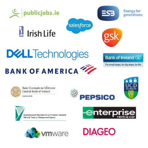 WAM Companies Logos - publicjobs.ie, salesforce, dell, irish life, esb, gsk, bank of ireland, diageo, enterprise, pepsico, central bank, NTMA, vmware